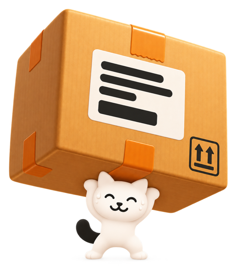 Le petit chat porte un immense colis dont l’adresse est raturée